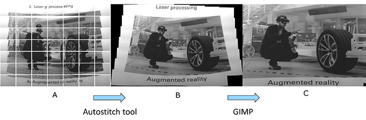 从原始图像（A）到拼接（B）和失真校正（C）图像的工作流。